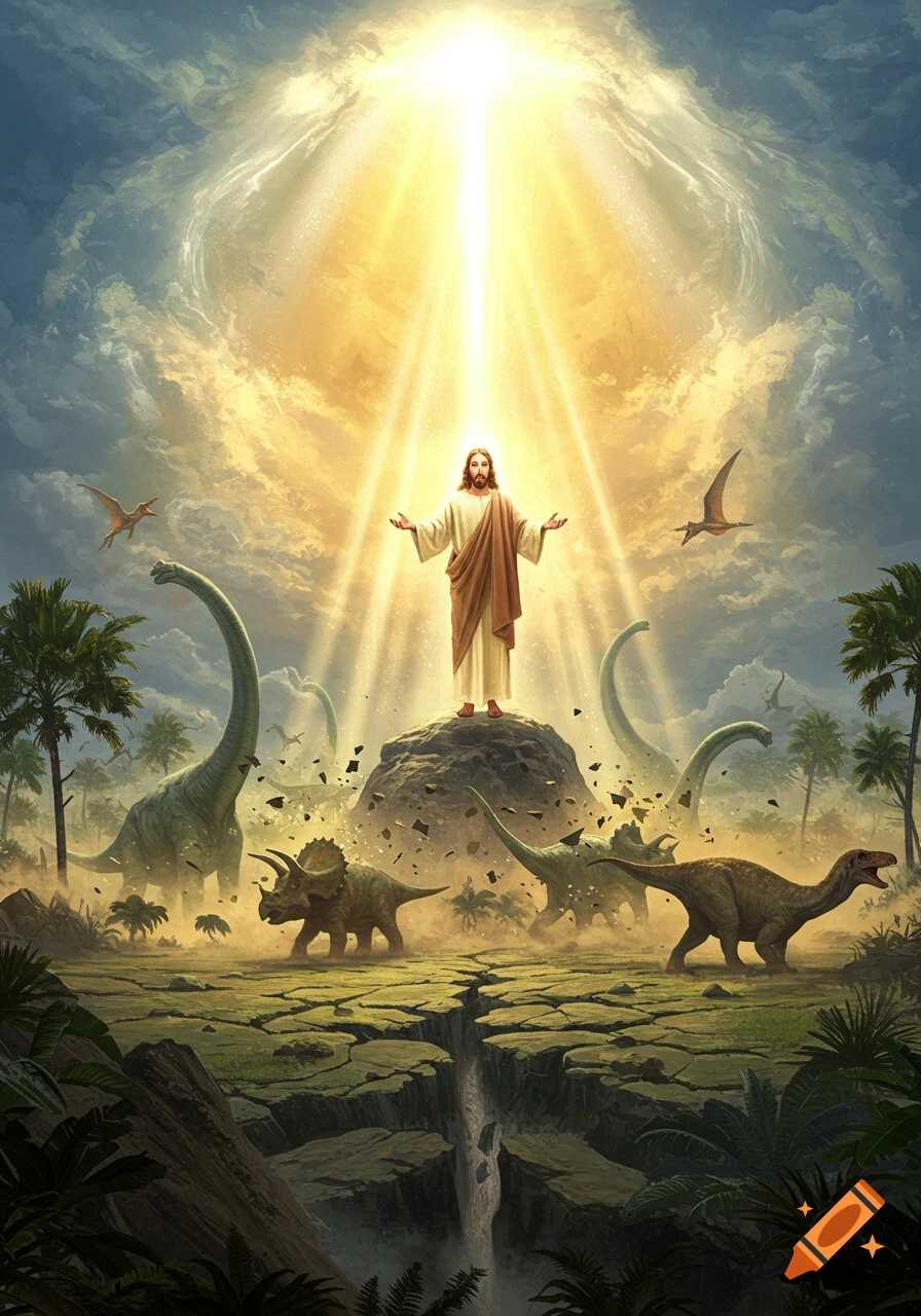 Jesus stands on a rocky mound with arms outstretched as a bright light shines down, surrounded by various dinosaurs in a cracked, prehistoric landscape.