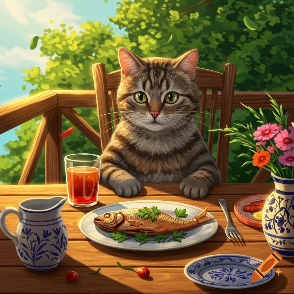 A tabby cat sits at a wooden table outdoors, looking at a plate with a cooked fish. There's a glass of juice and flowers.