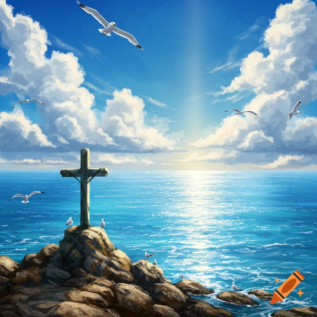 A wooden cross stands on a rocky island in the bright blue ocean, under a cloudy sky with seagulls flying.