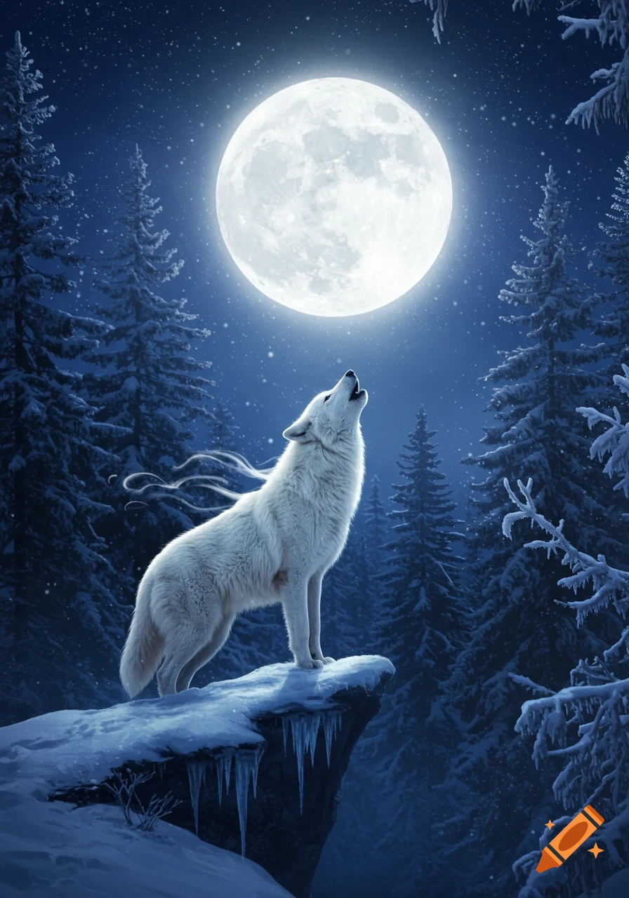 A white wolf howls at a large full moon, standing on a snowy cliff in a dark evergreen forest.