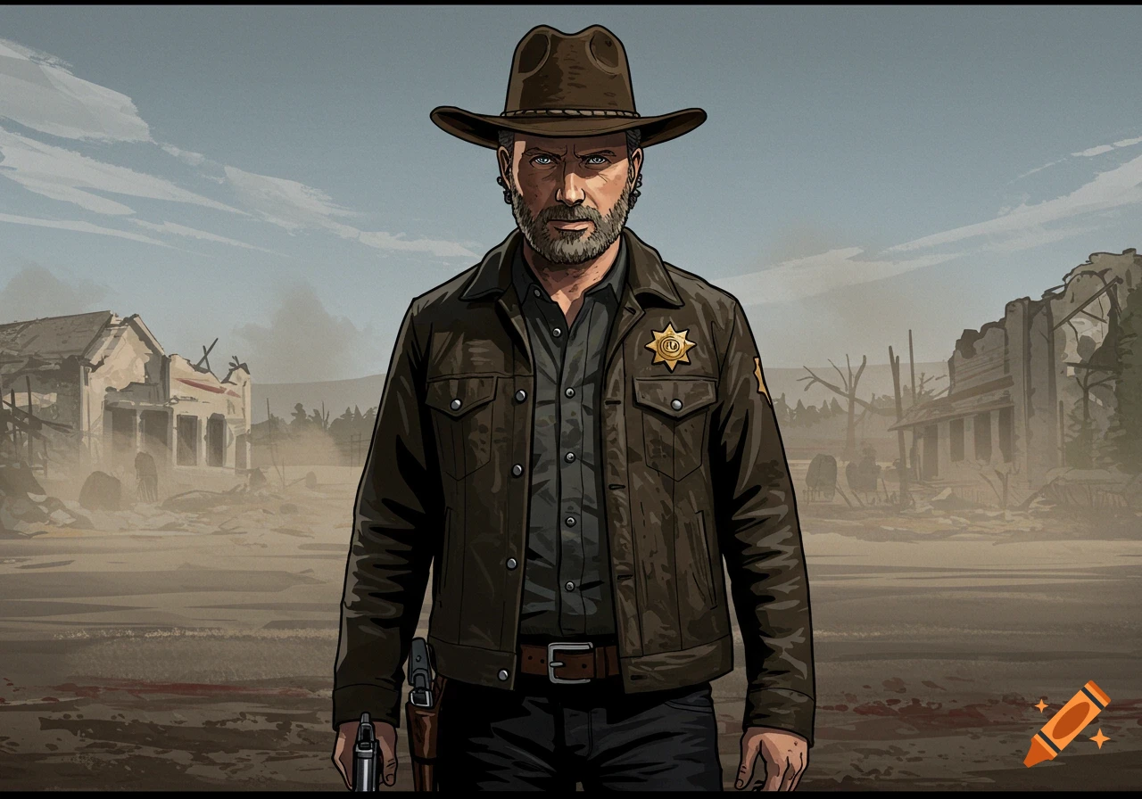 A man in a sheriff's hat and jacket stands in a desolate, ruined town, in a comic book style.