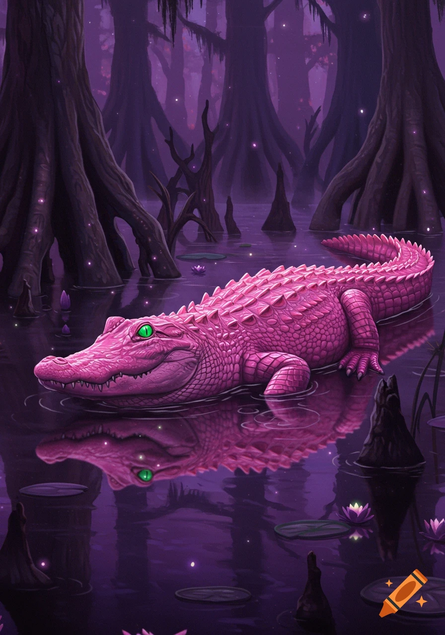 A vibrant pink alligator with glowing green eyes rests in a mystical purple swamp surrounded by dark trees.