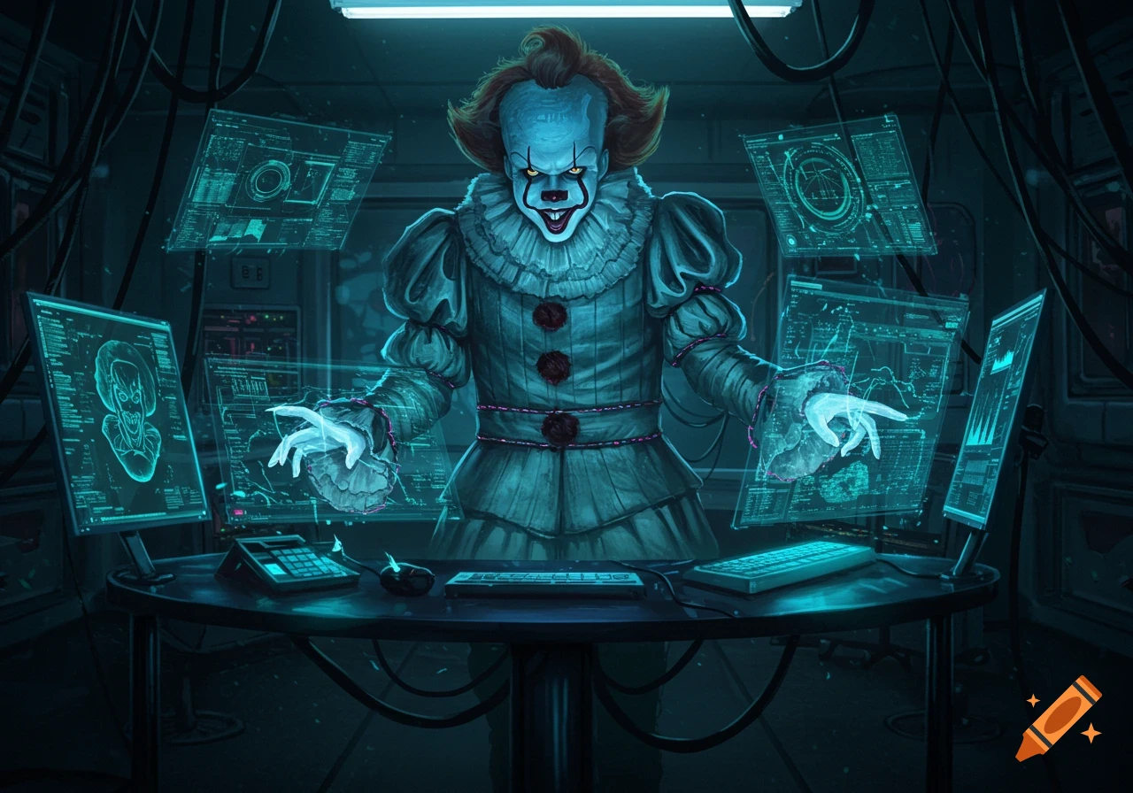 Pennywise, a clown with glowing hands, manipulates data on multiple holographic screens in a dark, high-tech room.
