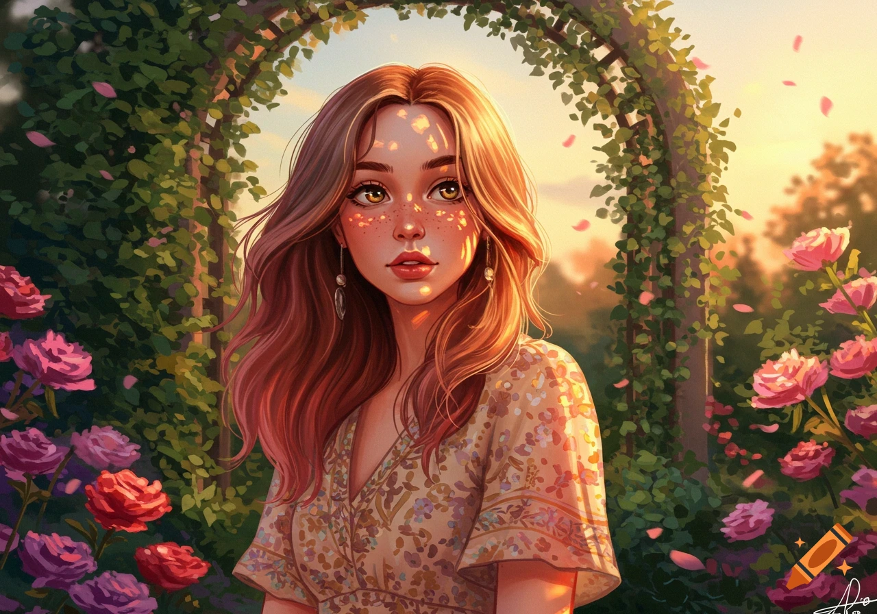 A stylized portrait of a young woman with long hair and freckles, wearing a floral dress, in a sunlit rose garden with an arch.