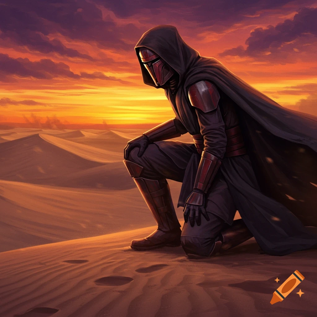 A cloaked and armored figure resembling Darth Revan kneels on sand dunes against a vibrant sunset sky in a digital painting.