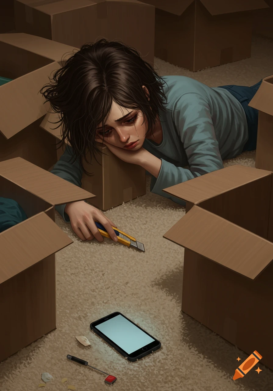 Illustration of a sad, emotionally exhausted young woman with messy hair lying on a carpet among cardboard boxes, with a box cutter and phone.