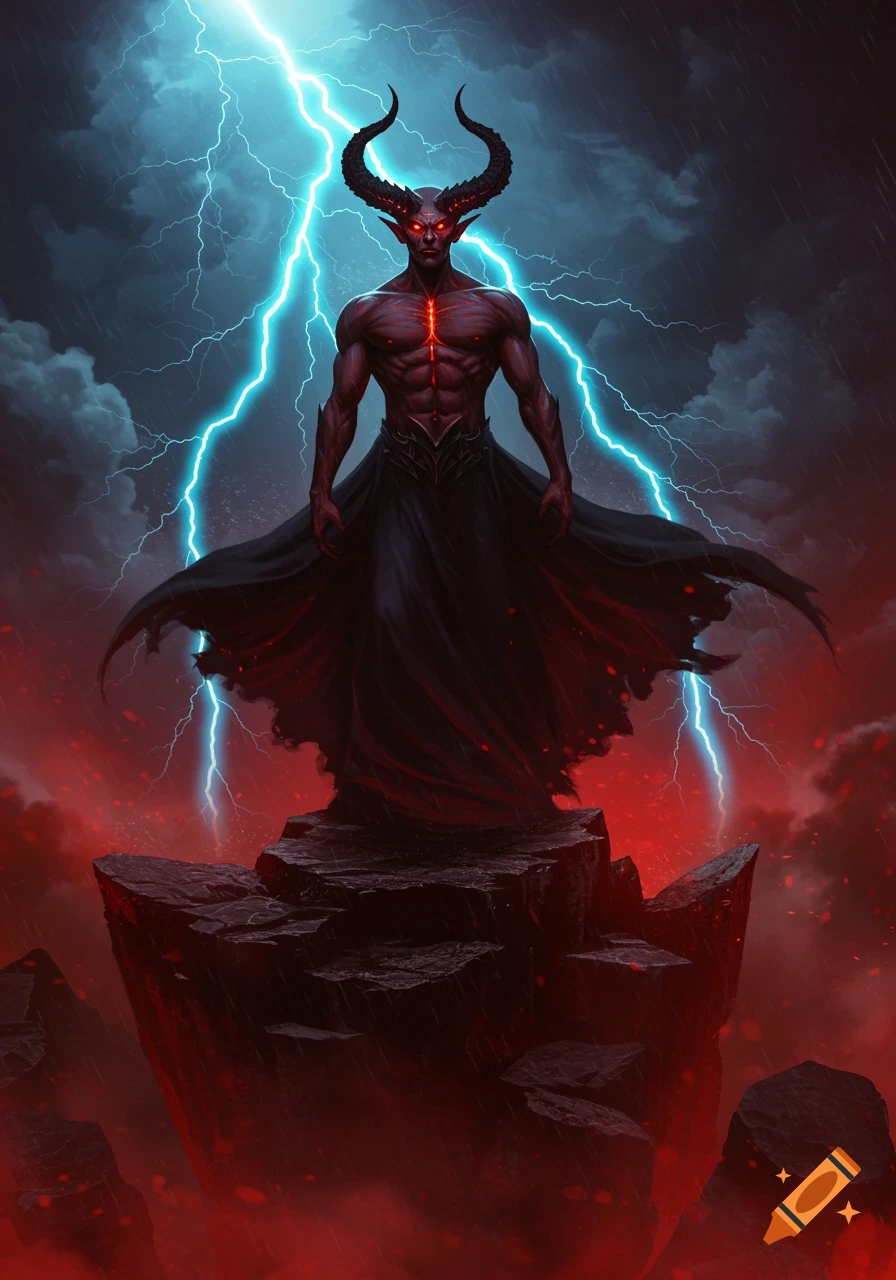 A powerful, red-skinned demon with horns and glowing eyes stands on a rocky peak amidst a lightning storm and red mist.
