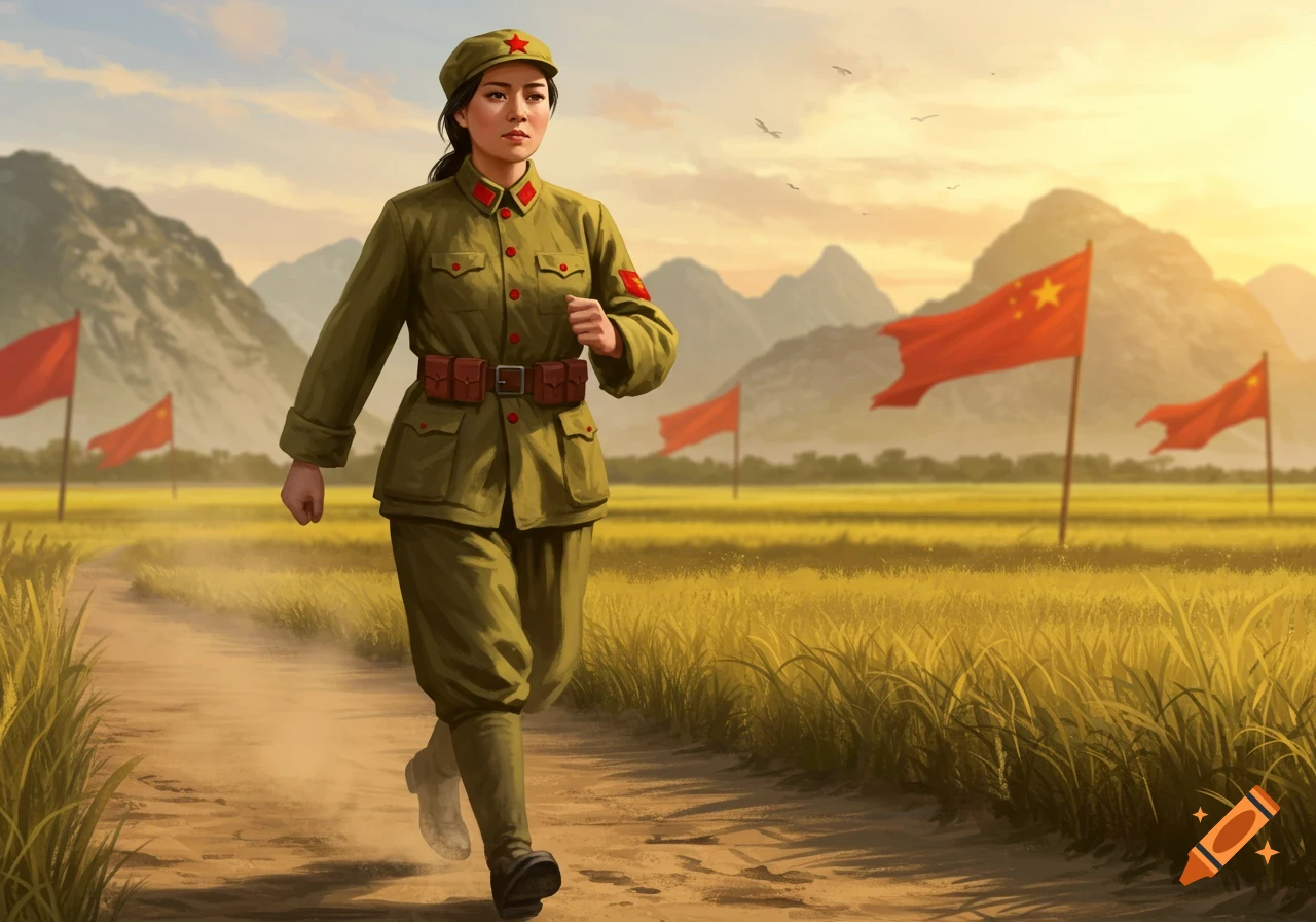 A Chinese woman soldier in Maoist uniform walks on a dirt path through a field with Chinese flags and mountains in the background at sunset, in a painted style.