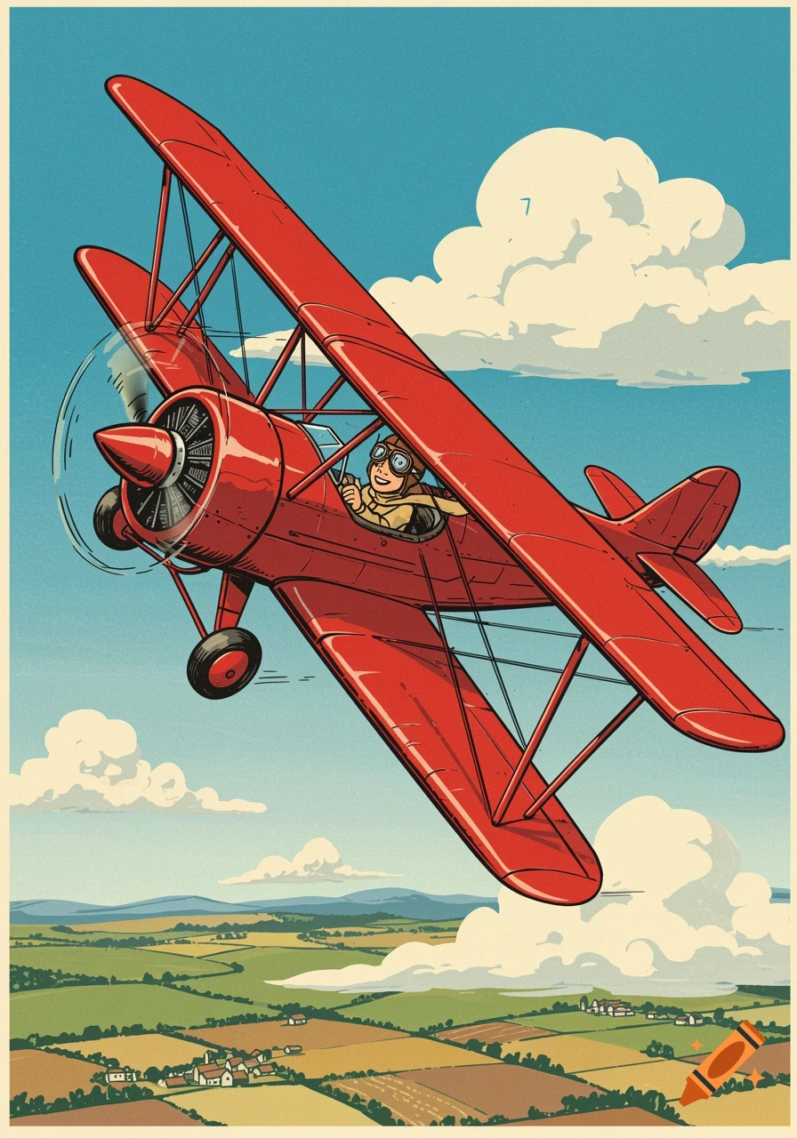 A smiling young boy pilots a red biplane over green fields and a village, depicted in a 1950s illustration style.