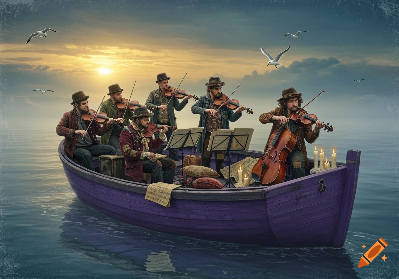Six bohemian men play violins and a cello on a purple boat in the ocean at sunset with seagulls flying overhead, in a photorealistic style.