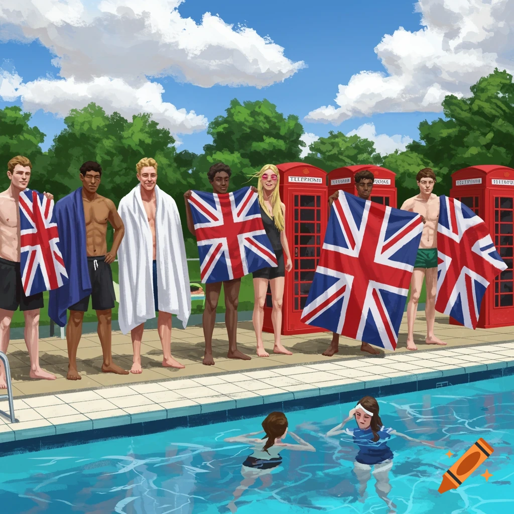 People holding British flags by a swimming pool with red telephone booths in the background. Some are in the pool.
