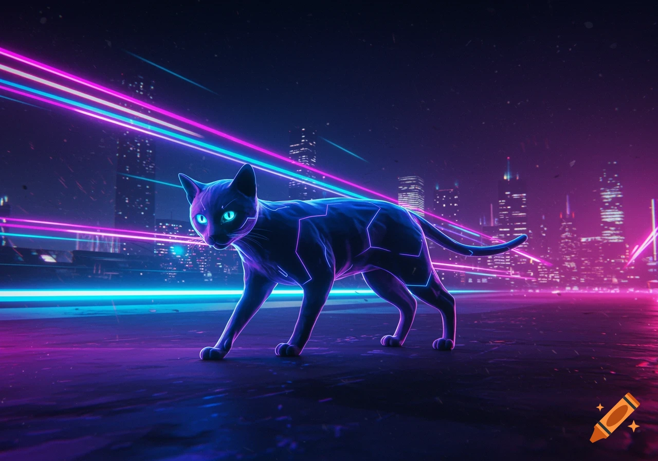 A black cat with glowing neon lines walks through a futuristic cyberpunk city at night.