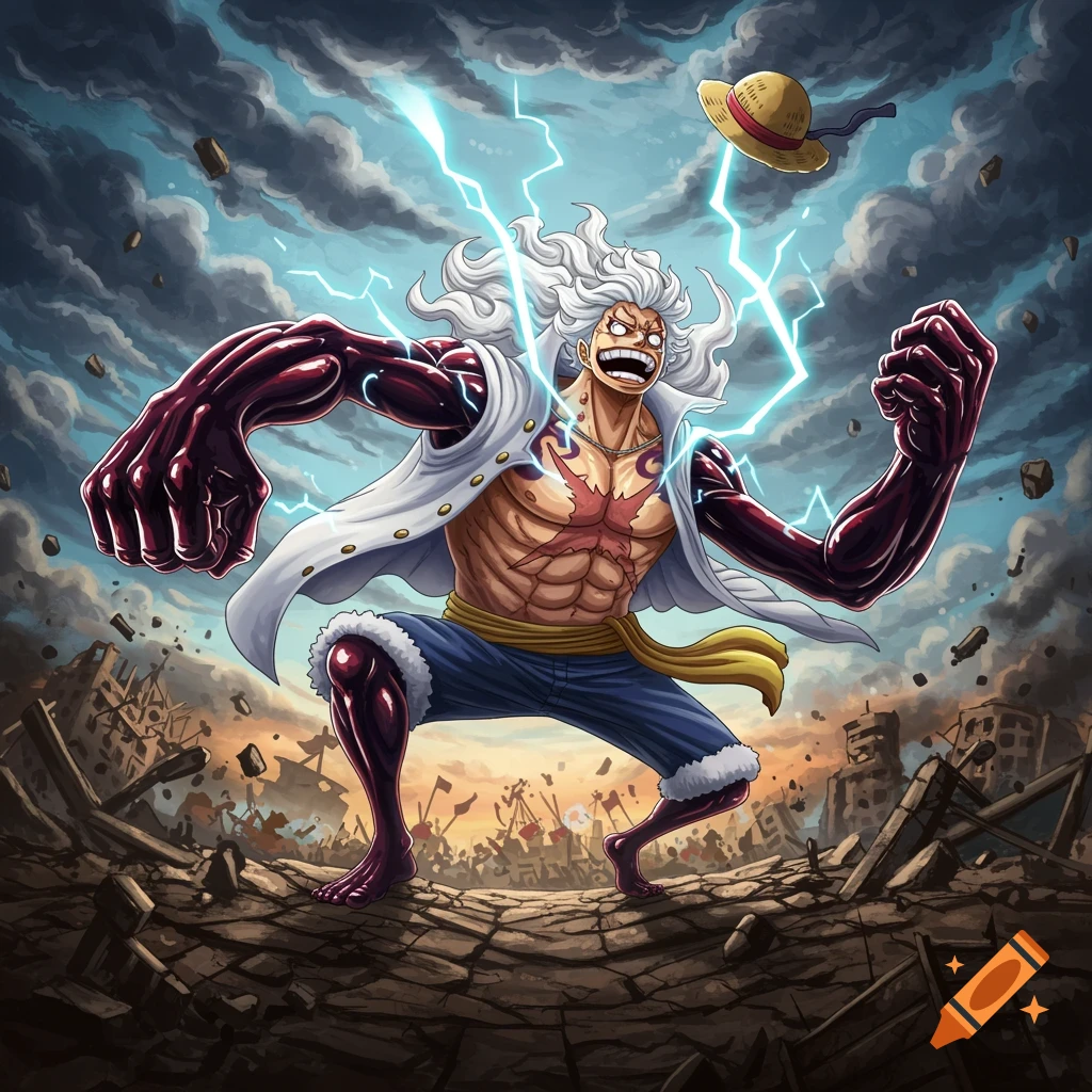 Anime character Luffy in Gear Fifth form stands amidst a crumbling battlefield, lightning around him, with exaggerated arms and a wide grin.