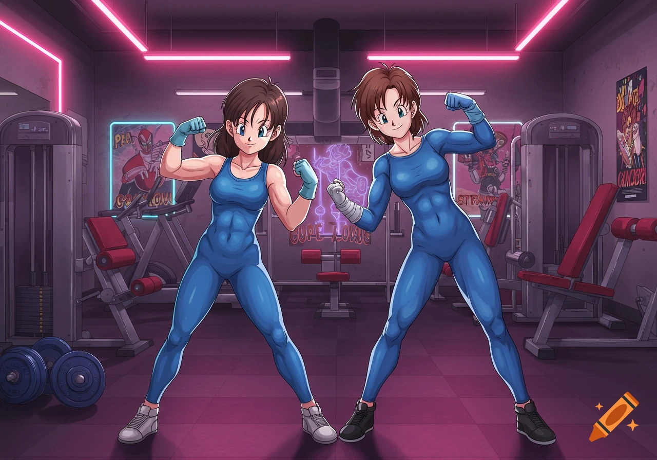 Two anime women, one in a sleeveless suit and one in a long-sleeved suit, flex their muscles in a neon-lit gym.