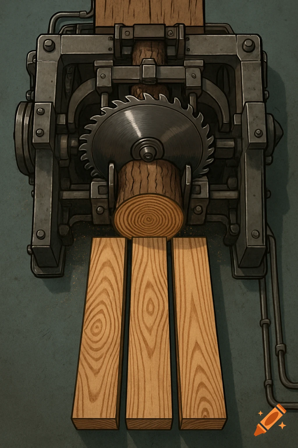 A top-down 2D illustration of a wood-cutting machine with a circular saw blade cutting a log into pine planks.