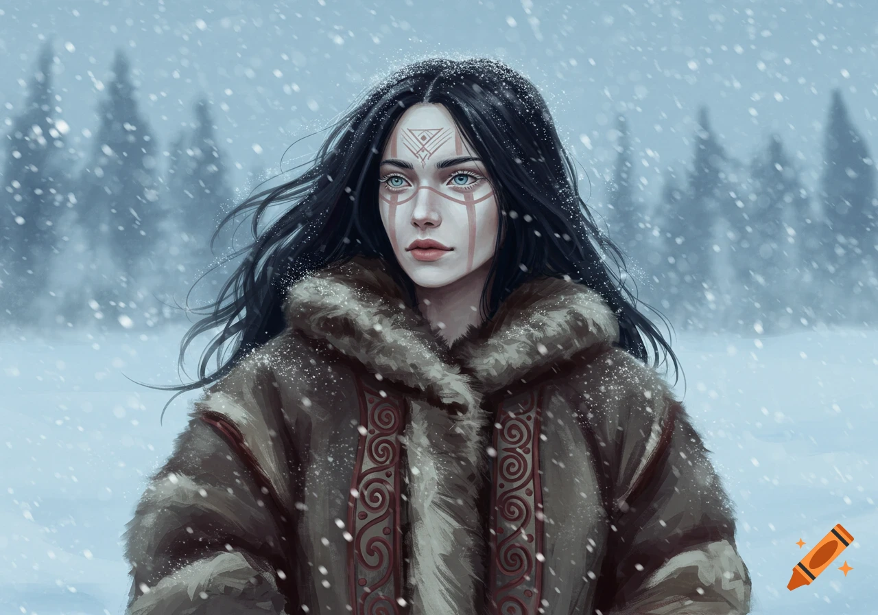 Digital painting of a woman with long dark hair and blue eyes, wearing red face paint and a fur coat in a snowy landscape.