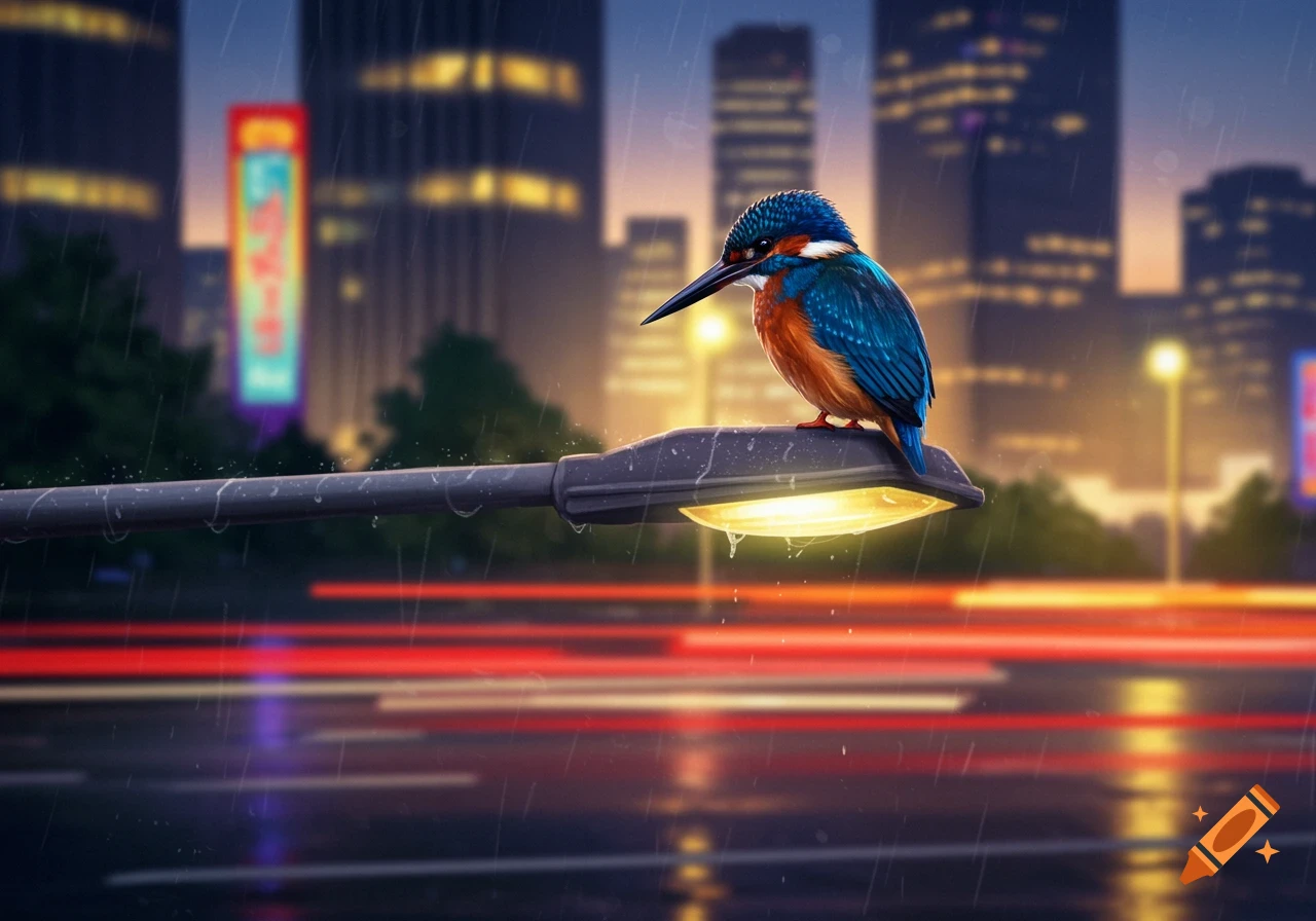 A vibrant blue and orange kingfisher perches on a street lamp, its light illuminating the rainy city street with blurred city lights and buildings in the background.