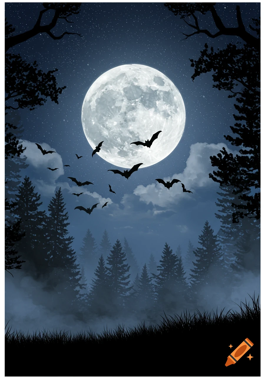 A full moon illuminates a dark, misty forest with silhouetted bats flying against a starry night sky.