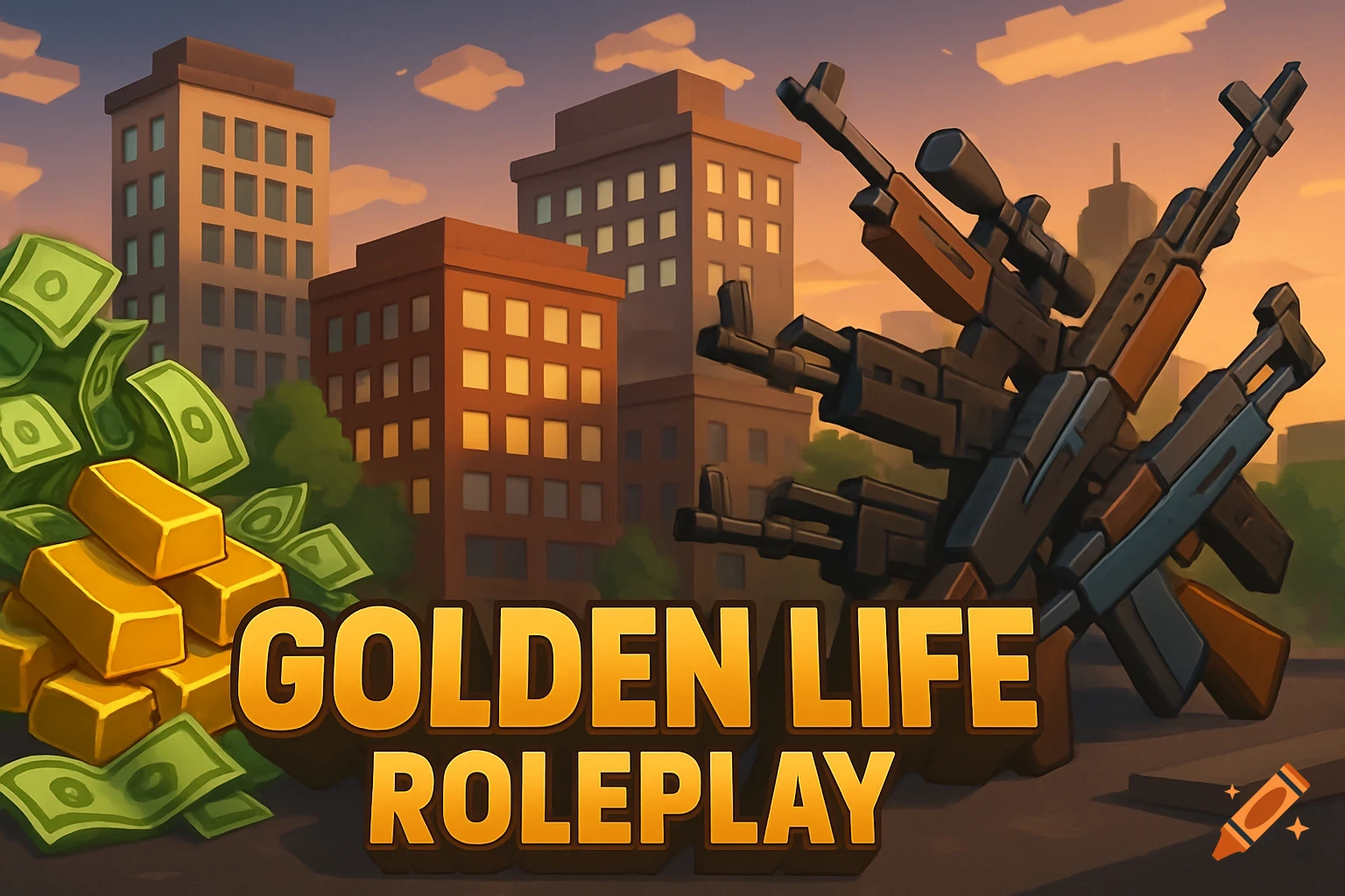 Stylized money, gold bars, and a pile of guns in front of cartoon city buildings at sunset. Text reads 'GOLDEN LIFE ROLEPLAY'.