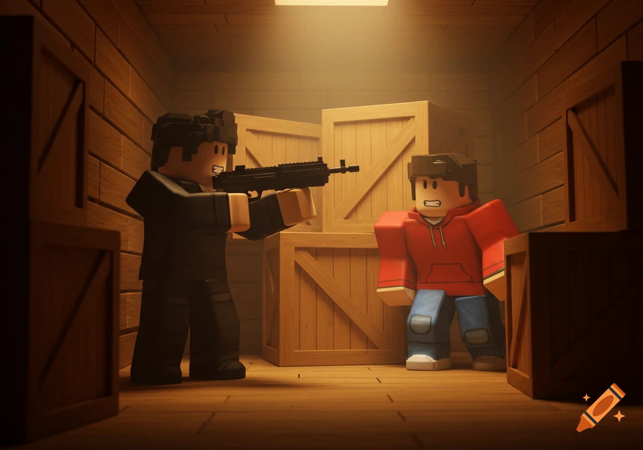 Two Roblox-style characters in a dimly lit room with crates; one in black aims a rifle at another in red, who appears fearful.