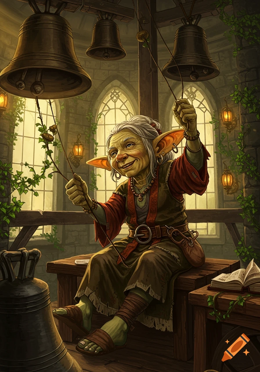 An old, smiling goblin woman with pointed ears and green skin sits in a bell tower, surrounded by large bells and ivy-covered walls.
