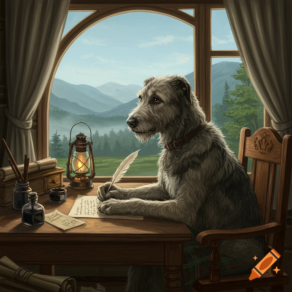 An Irish Wolfhound sits at a wooden desk, writing with a quill. Through a large window, mountains are visible under a blue sky.
