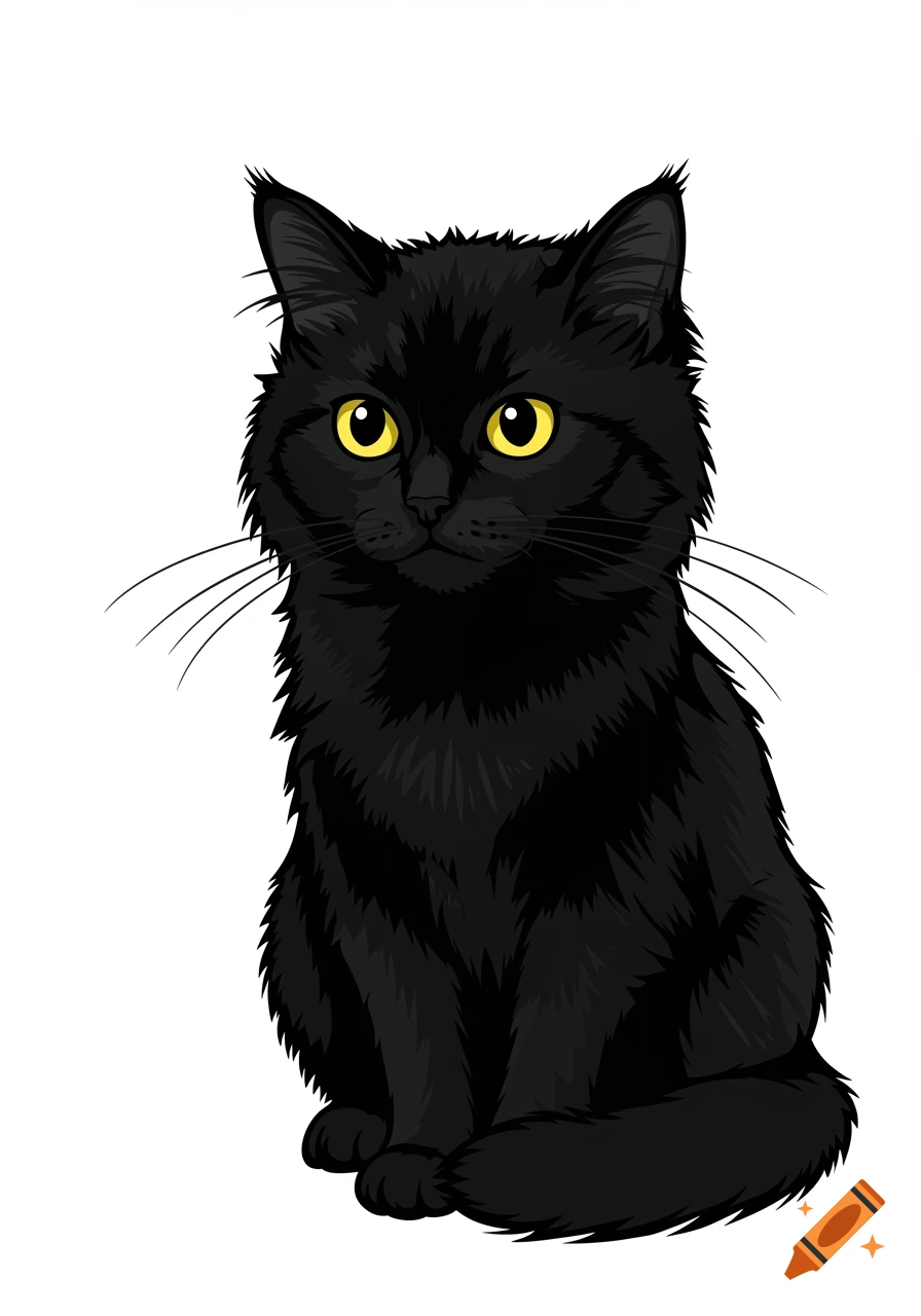 An illustration of a fluffy black cat with bright yellow eyes, sitting and looking forward.
