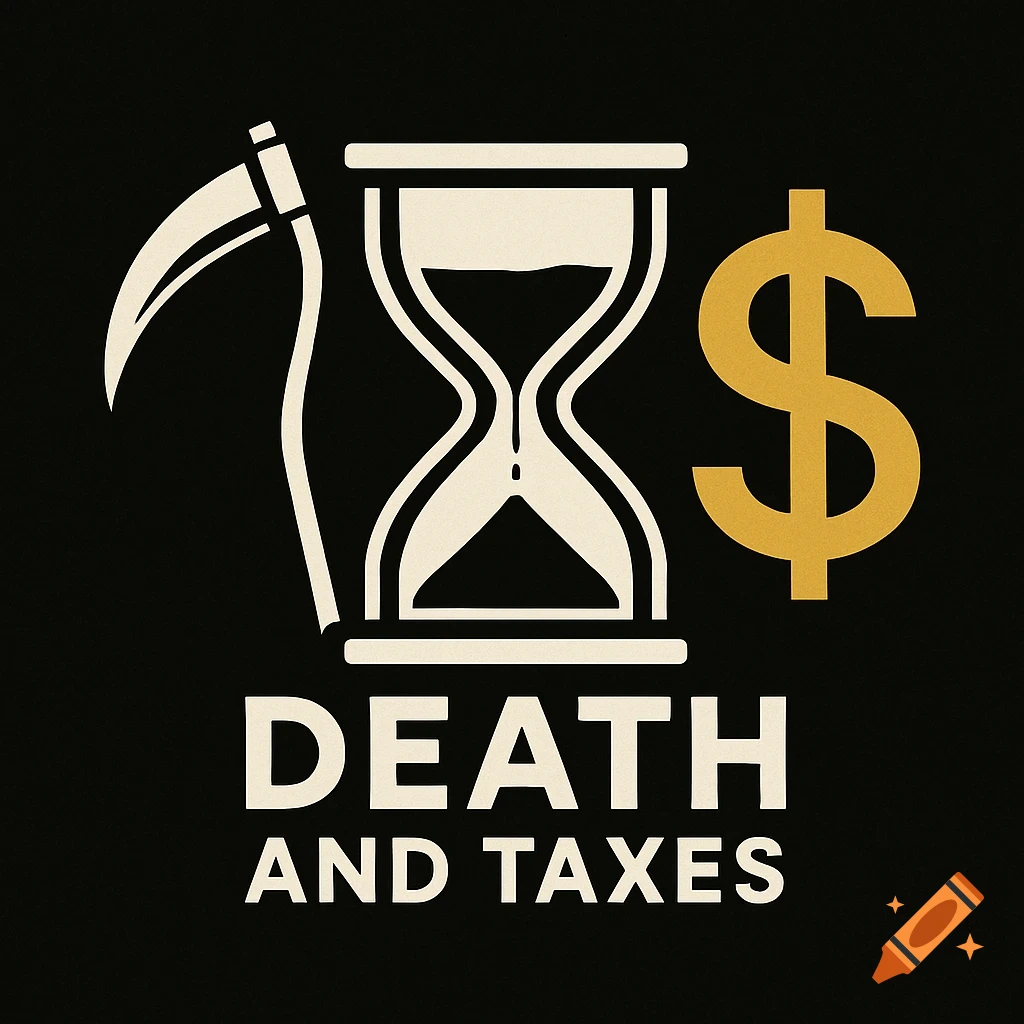A minimalist logo featuring a scythe, an hourglass, and a dollar sign above the white text "DEATH AND TAXES" on a black background.