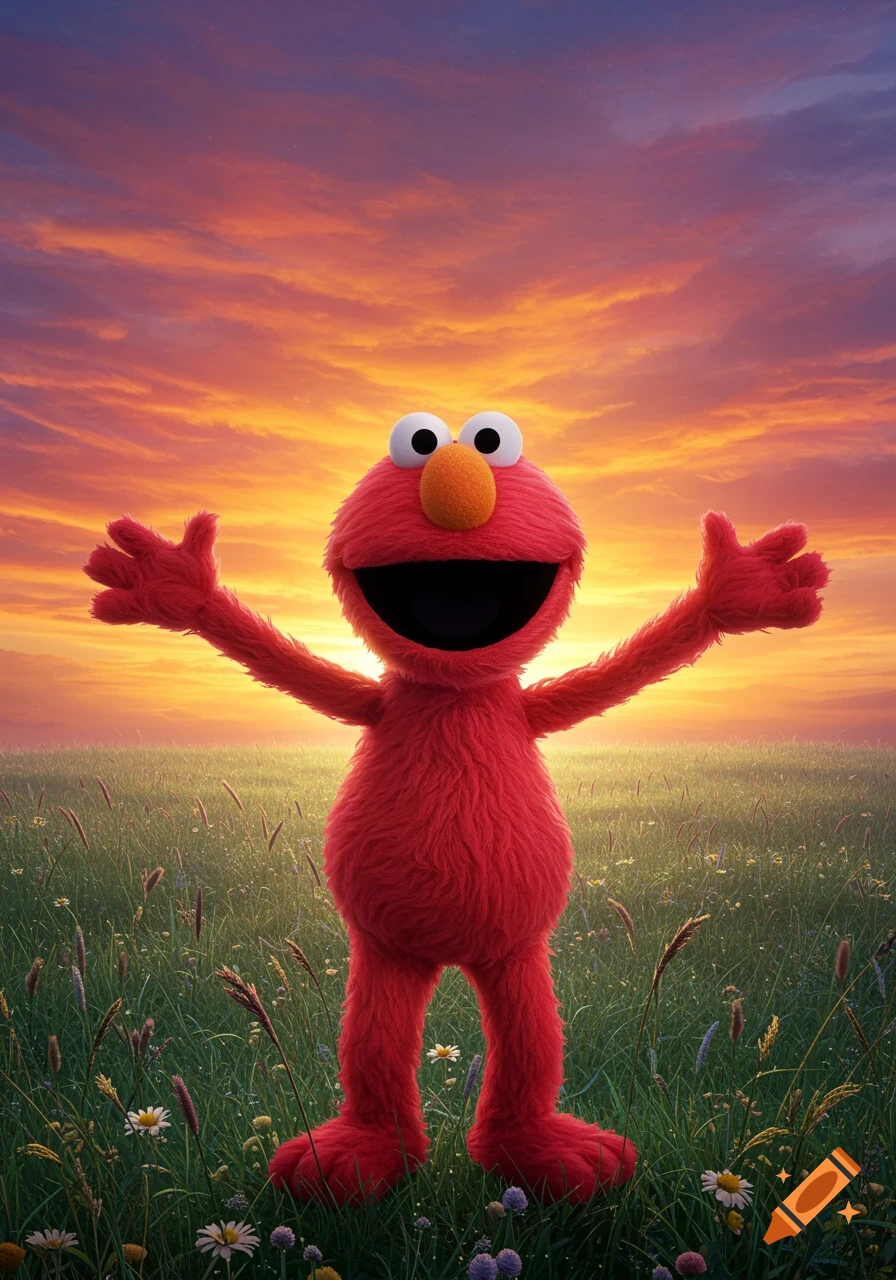 Fluffy red Elmo with arms outstretched stands in a green field under a vibrant orange and purple sunrise.