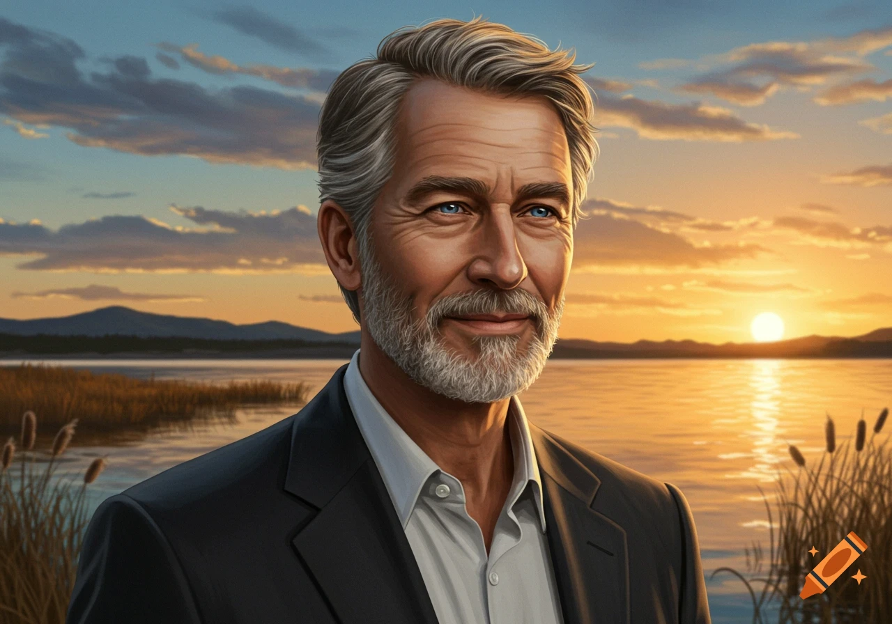 A smiling older man with grey hair and beard, wearing a suit jacket, standing in front of a lake at sunset.