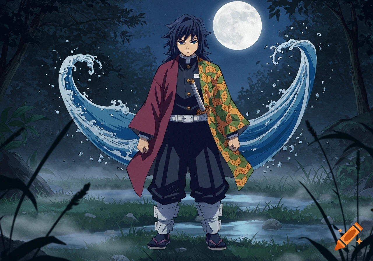 Anime character Giyu Tomioka stands in a moonlit forest with a katana and water effects around him.