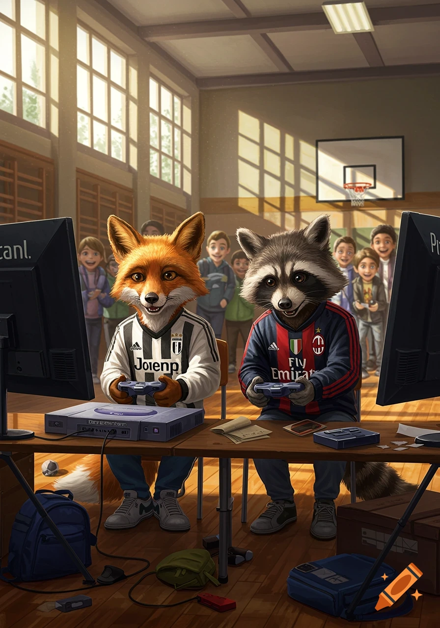A fox in a black and white striped jersey and a raccoon in a red and black jersey play video games on old consoles in a school gym, watched by a crowd of children.