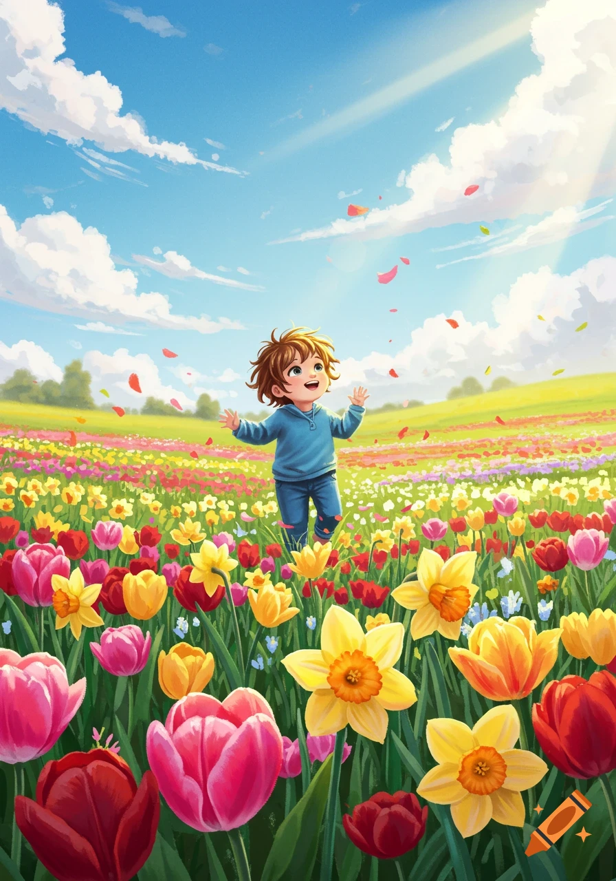 An illustrated small child stands in a vibrant field of colorful spring flowers under a bright blue sky.
