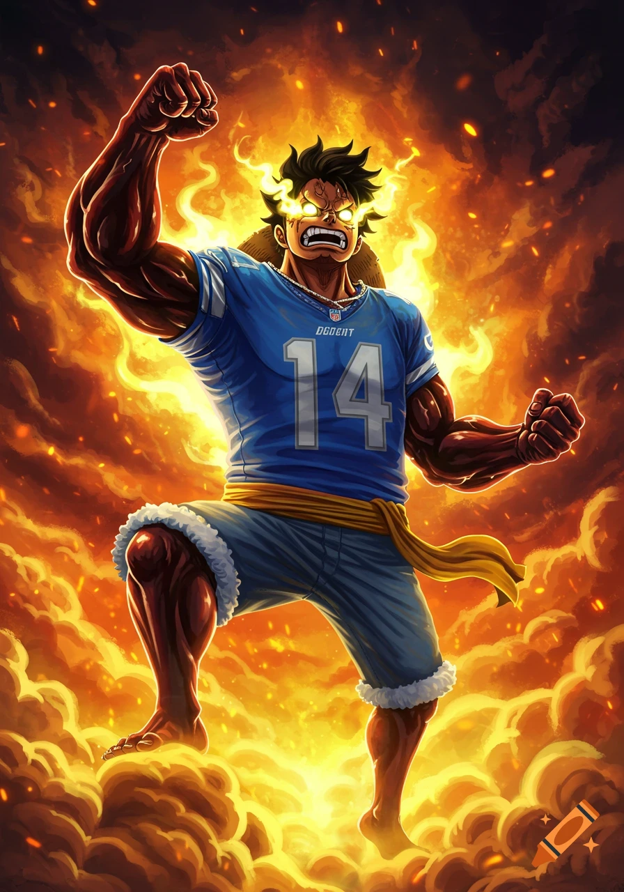 An anime character resembling Luffy with glowing eyes and powerful muscles, wearing a blue football jersey with the number 14, engulfed in a fiery orange aura.