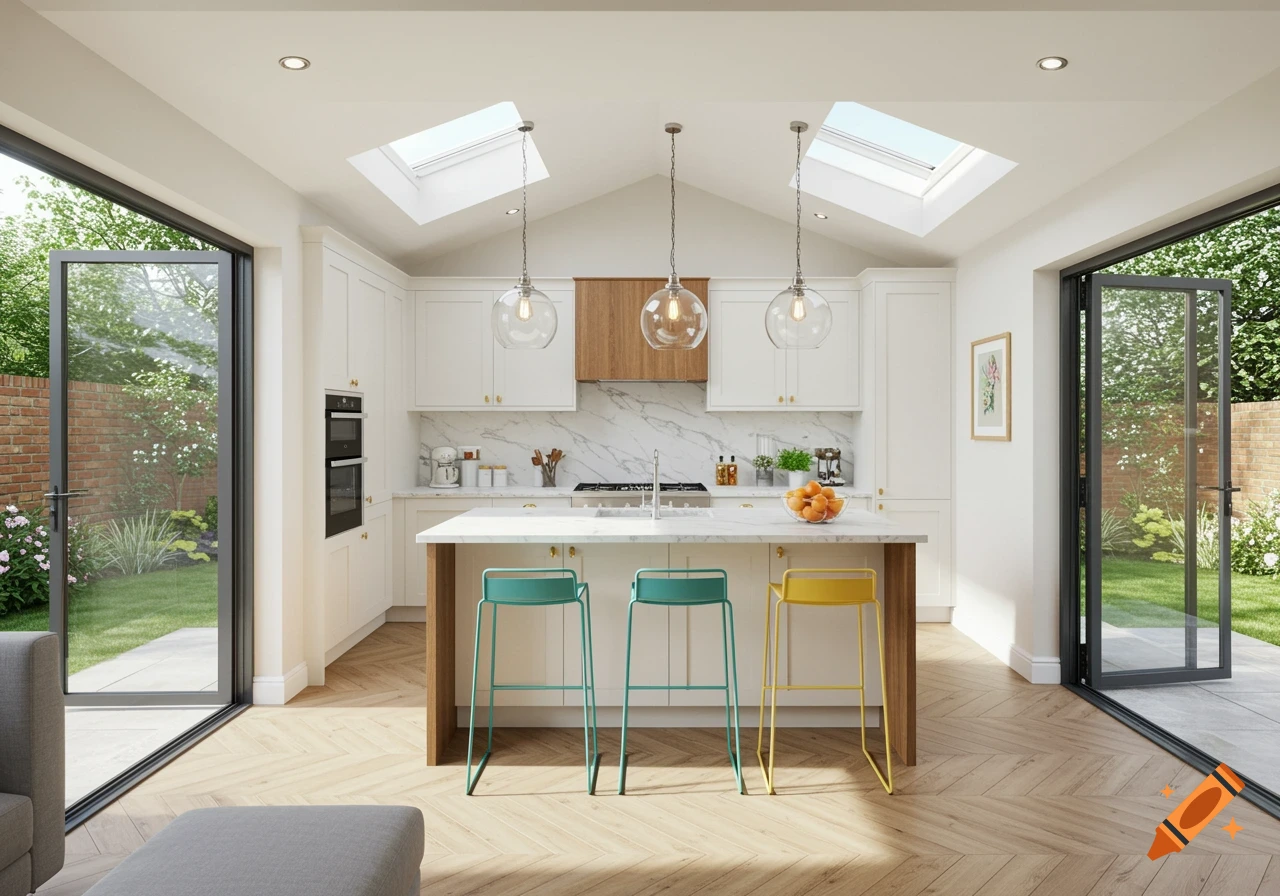 A spacious, modern kitchen with white cabinets, a marble-top island, colorful bar stools, and large bi-fold doors opening to a lush garden.