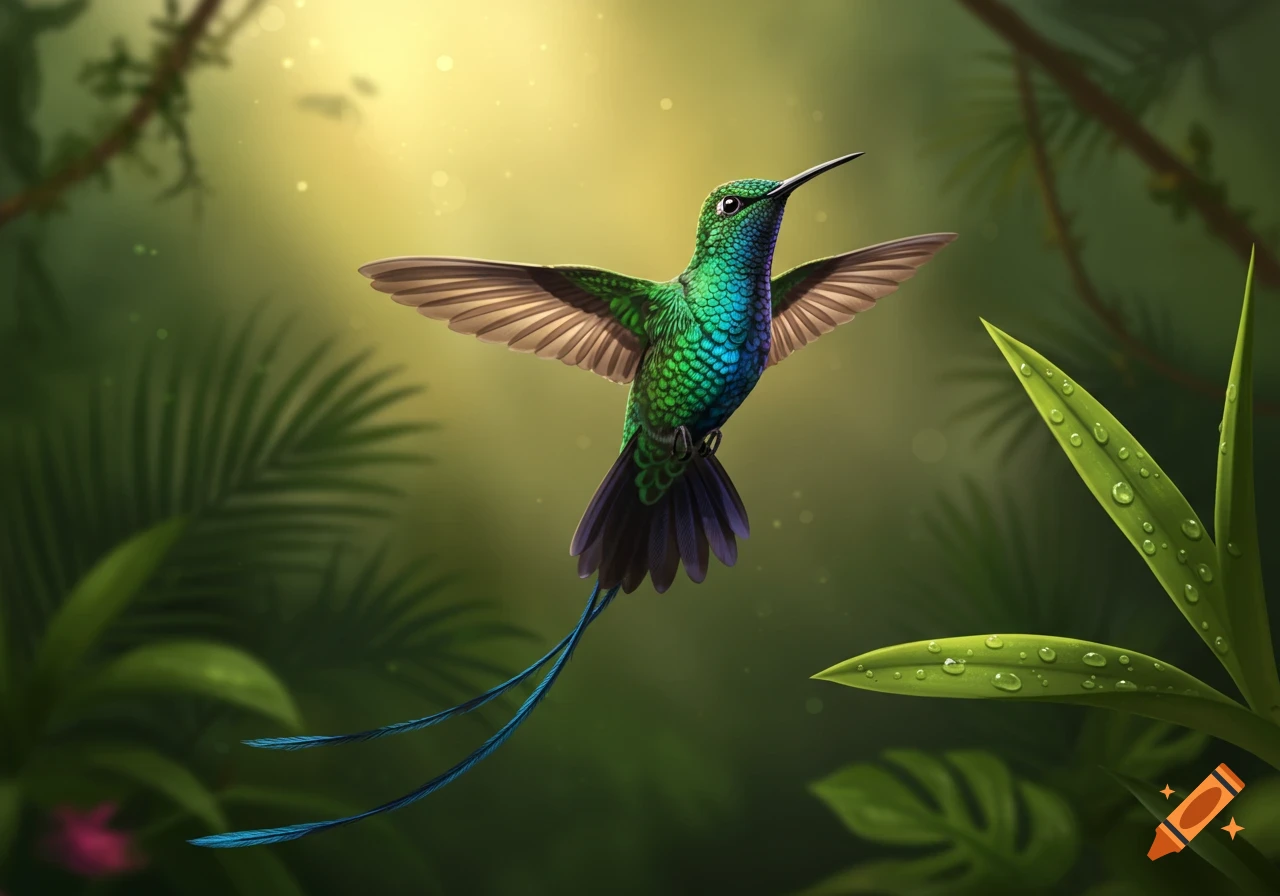 A vibrant green hummingbird with blue iridescent feathers and long tail streamers hovers in a lush jungle with sunlit foliage.