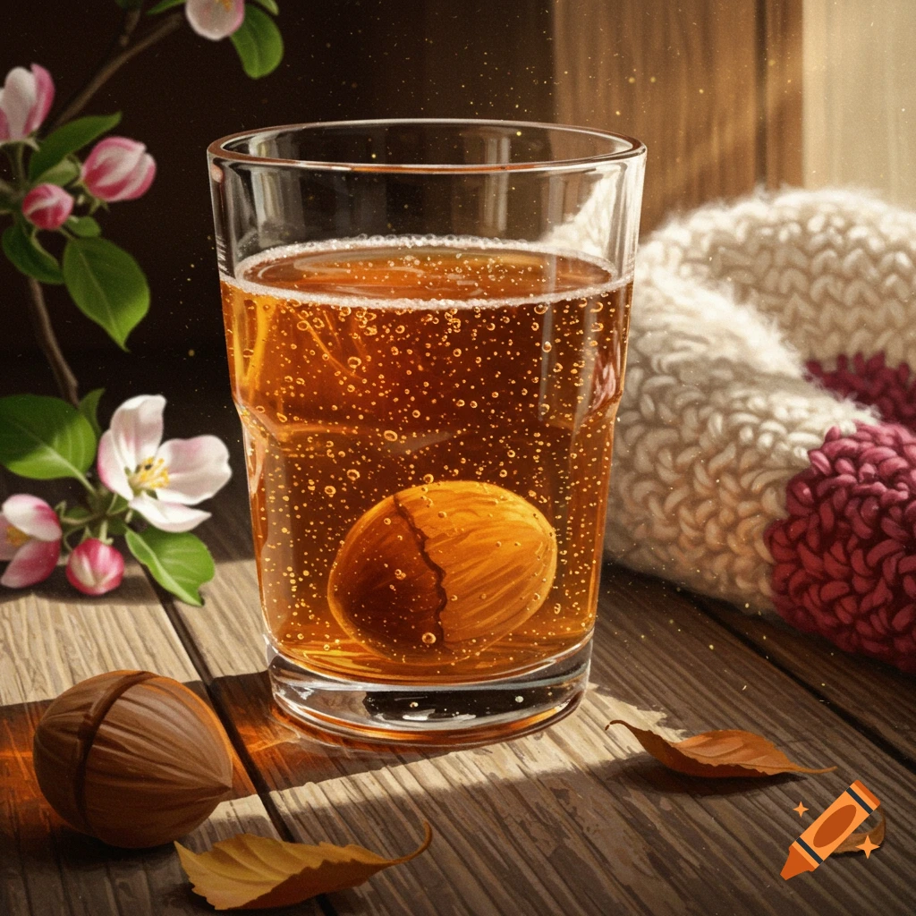 A glass of cider with a wooden nut inside, next to another nut, apple blossoms, and autumn leaves on a wooden table with warm light.