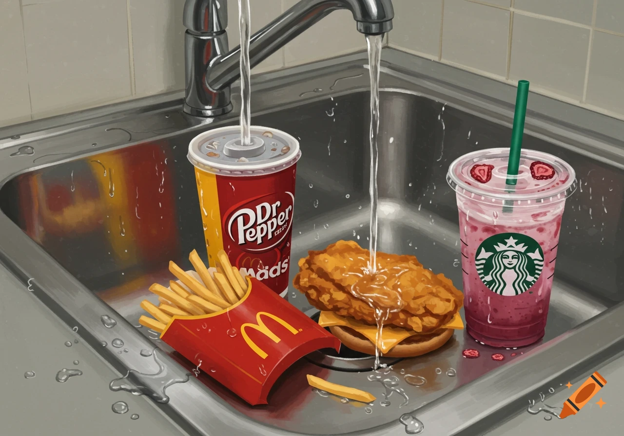 A McDonald's chicken sandwich, fries, Dr. Pepper, and a Starbucks strawberry acai refresher in a kitchen sink with water pouring from the faucet.
