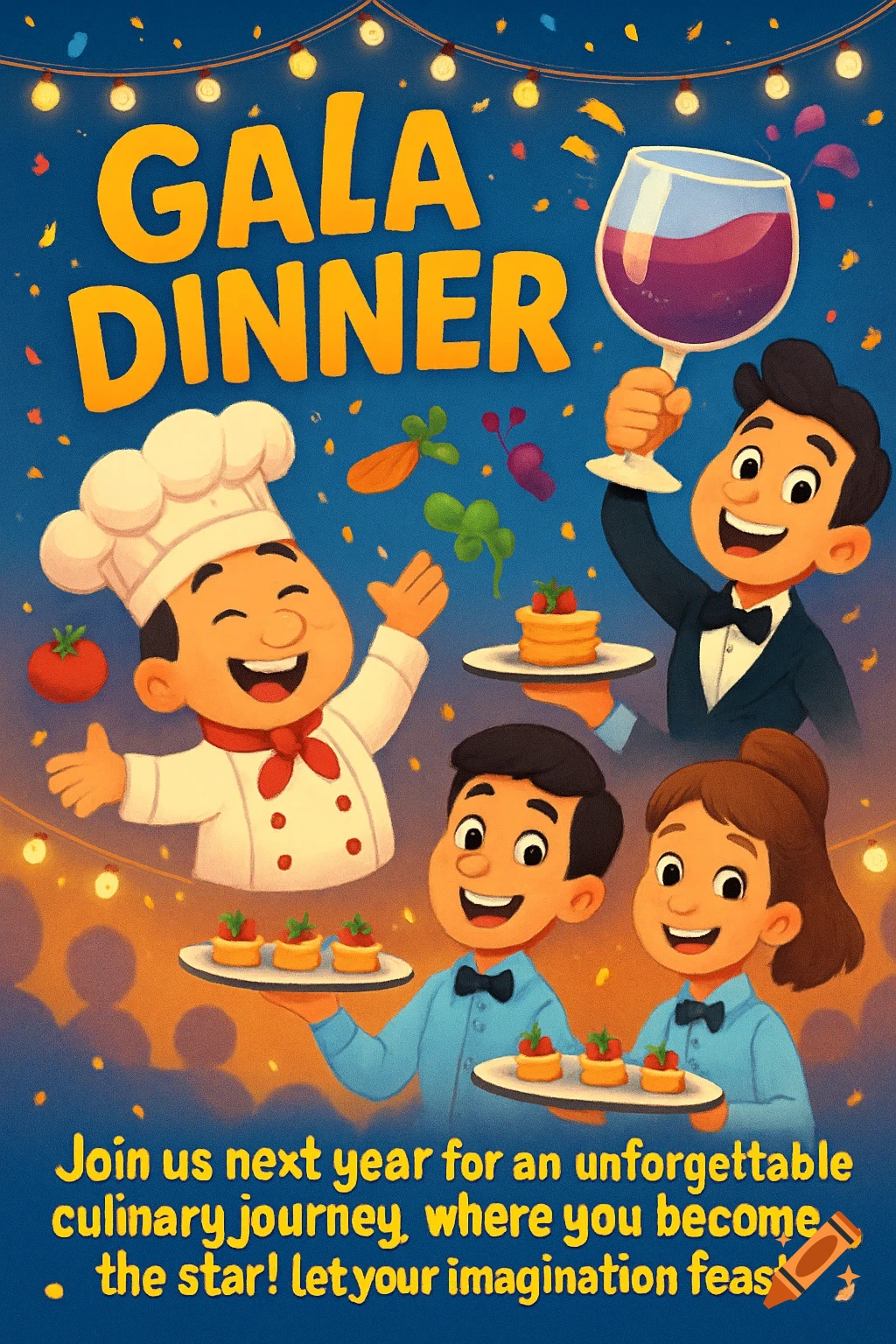 Colorful cartoon poster for a Gala Dinner with a chef, waiters, food, and wine.
