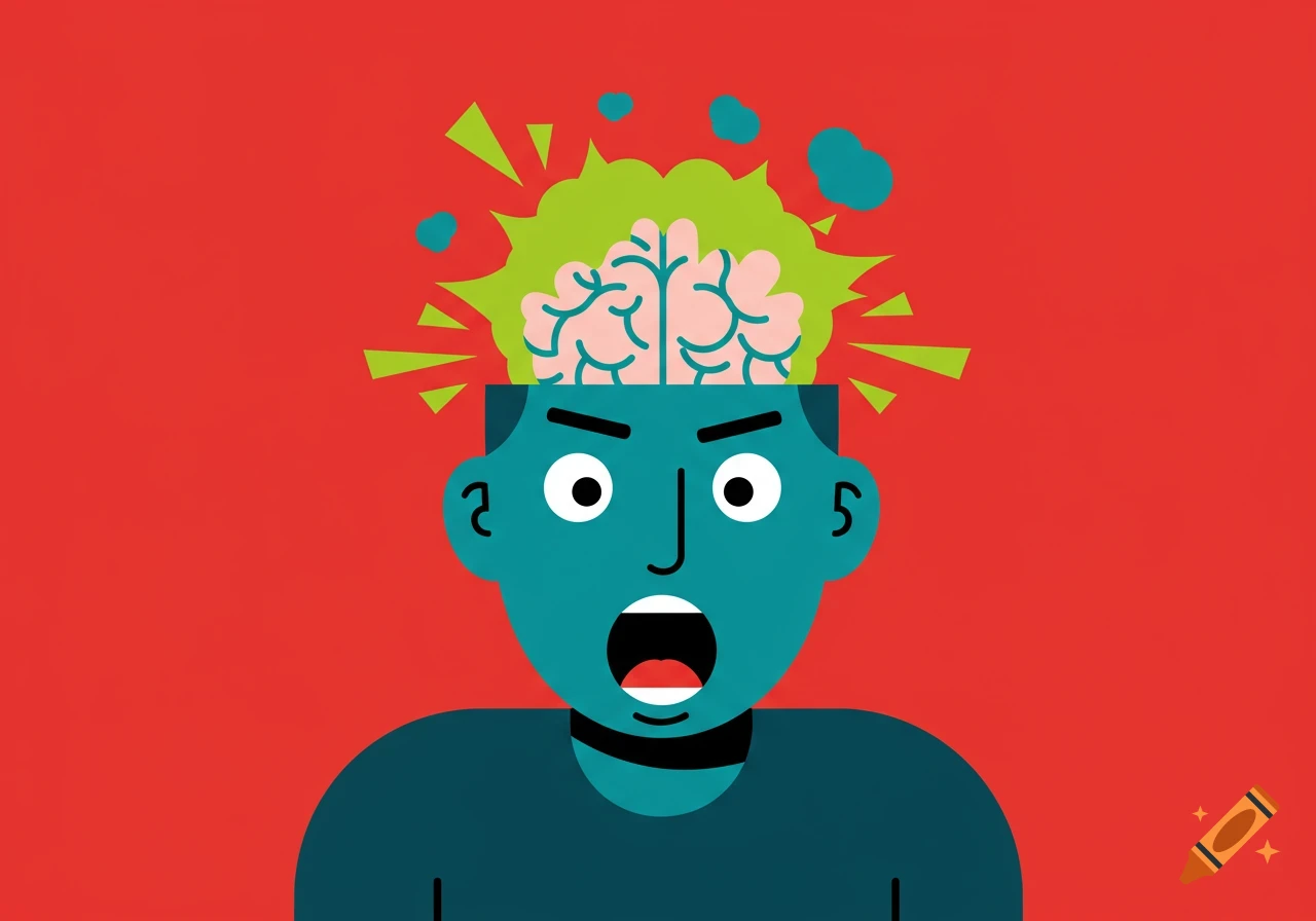 Stylized graphic illustration of an angry person's head with their brain bursting out in green and blue shapes, on a red background.