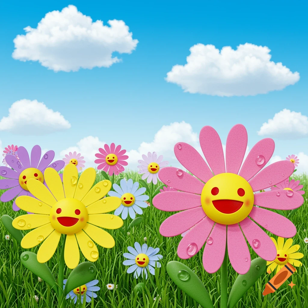 A field of colorful cartoon daisies with smiley faces and water droplets under a bright blue sky with clouds.