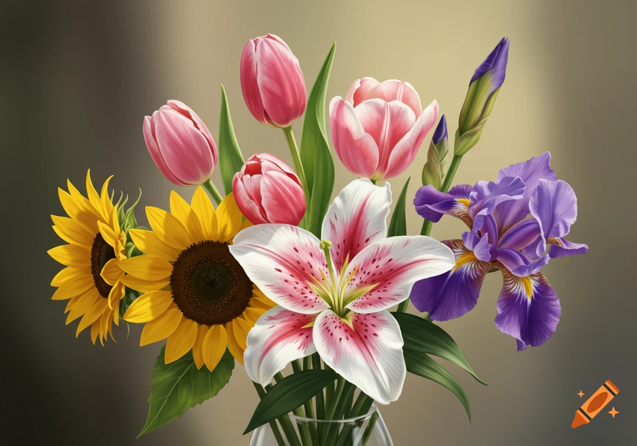A vibrant bouquet of pink tulips, yellow sunflowers, a white and pink stargazer lily, and a purple iris in a vase.