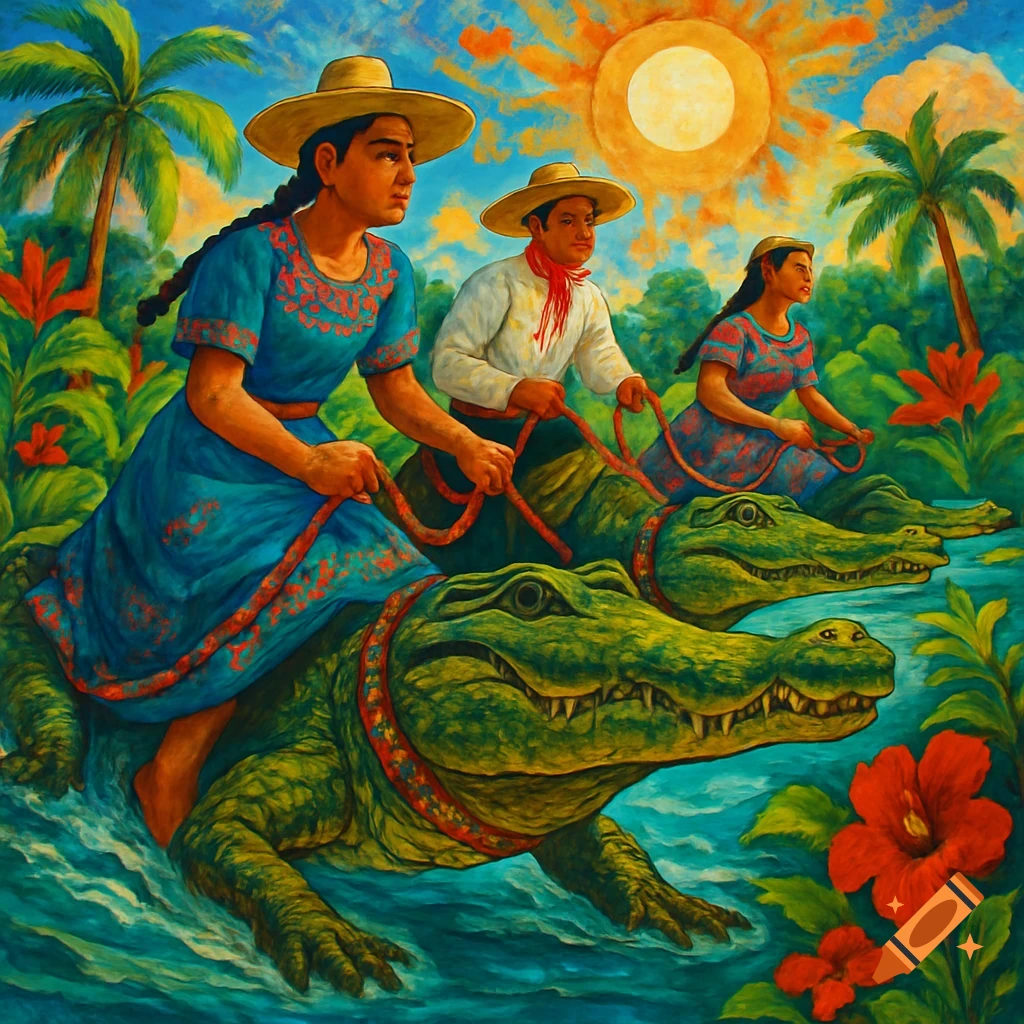 A vibrant painting of three people in traditional Mexican attire riding alligators through water amidst tropical plants under a large sun.