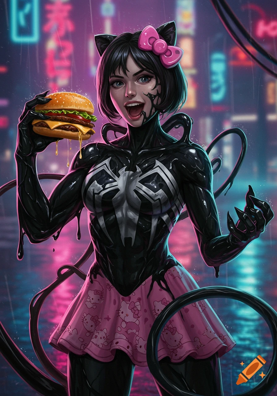 A female character in a black Venom symbiote suit with a pink Hello Kitty skirt and bow, holding a burger, against a neon city background in a comic book art style.