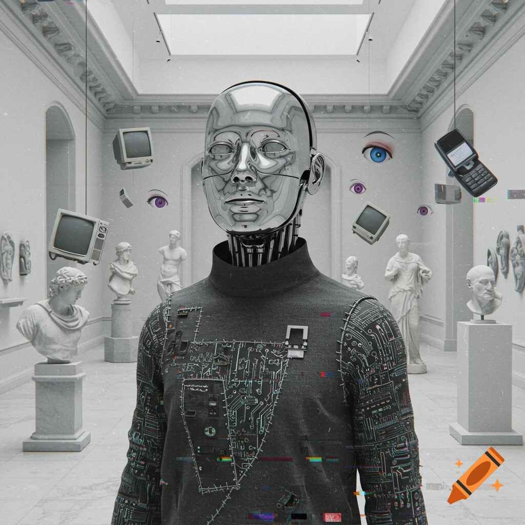 A humanoid robot with a chrome face in a white museum, surrounded by floating vintage electronics, classical busts, and disembodied eyes. The robot wears glitchy clothing.
