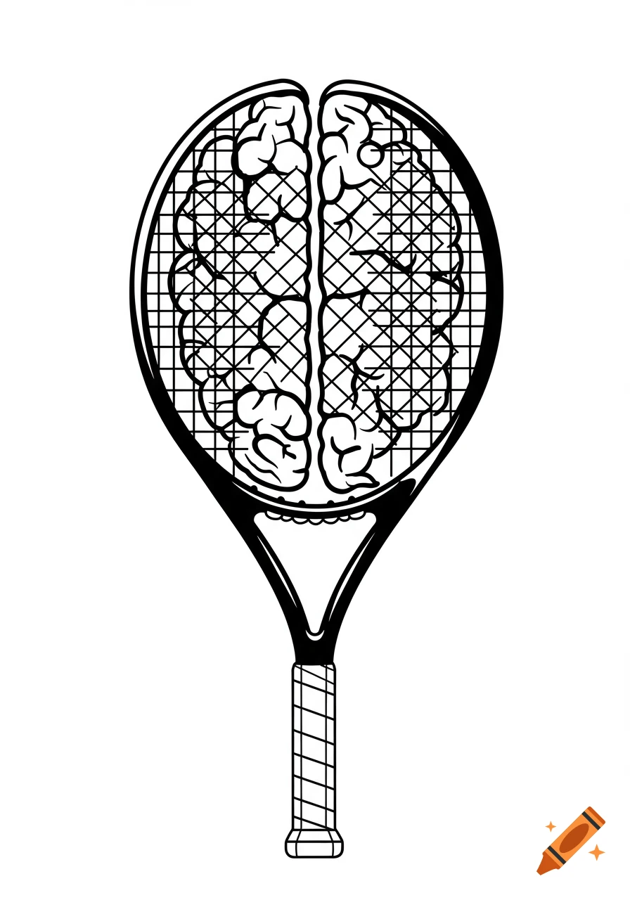 A black and white illustration of a brain within the strings of a tennis racket.