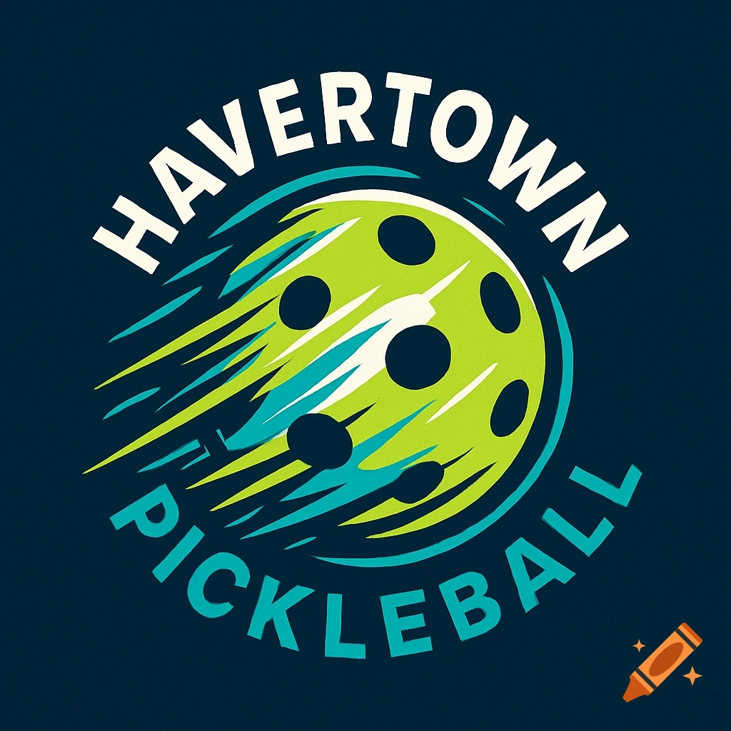 A stylized logo for Havertown Pickleball featuring a green pickleball in motion with white and teal speed lines.