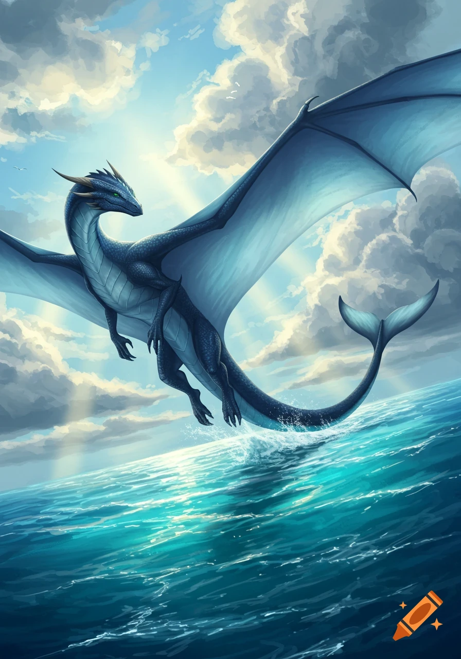 A majestic dark blue dragon with lighter blue wings and a whale-like tail flies gracefully over a vibrant blue ocean under a partly cloudy sky.