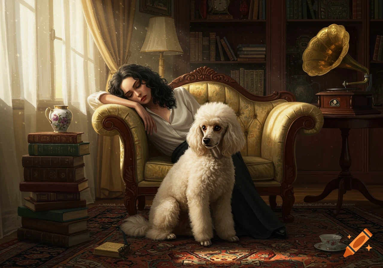 A woman with dark curly hair sleeps on a gold couch next to a white poodle in a sunlit, antique-filled room.