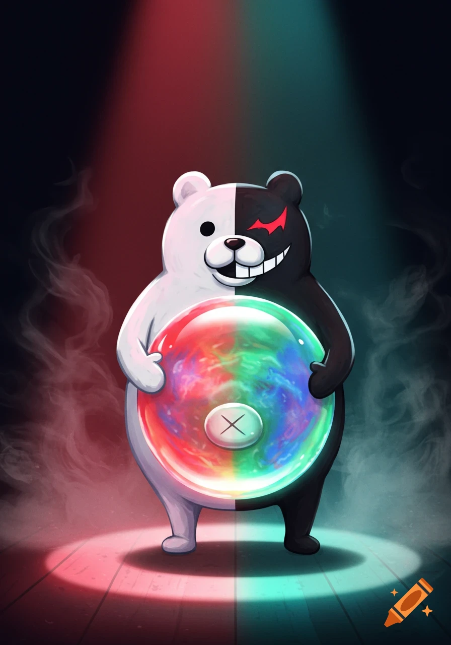 Monokuma, a half-white, half-black bear character, stands holding a large, colorful, swirling orb with an X symbol on it, bathed in red and teal spotlights.